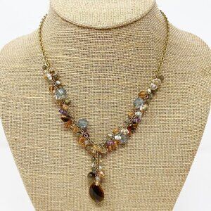 Neutrals & Brown Beaded clusters w/Center Dangle Pendant on gold tone chain